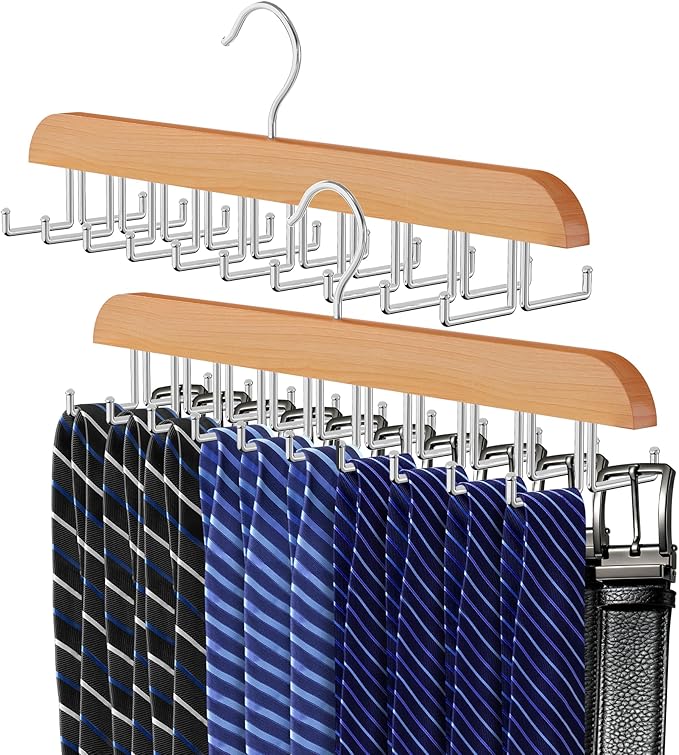 Tie Rack Hanger for Closet 20 Foldable Hooks, 2 Pack Wooden Non Slip Large Capacity Space Saving Tie and Belt Organizer with 360°Rotating Hooks for Tank Tops Bras Scarves Hat