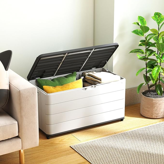 100GAL Square Storage Box (With Wheels) White，Waterproof Resin Storage Bin for Patio Cushions，Accessories，UV Resistan