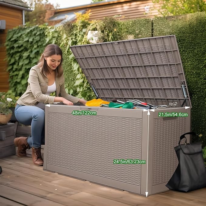 120 Gallon Outdoor Deck Box,Waterproof Resin Outdoor Storage Boxes, Outside Storage Lockable Container for Garden Tools,Indooor Cushions,Accessories (Grey)