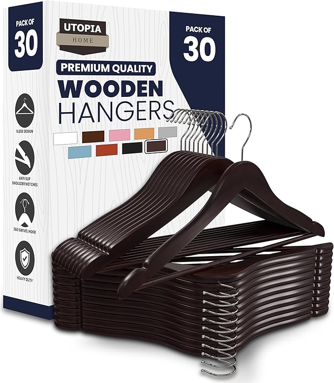 Utopia Home Premium Wooden Hangers 30 Pack - Durable & Slim Coat Hanger - Suit Hanger with 360-Degree Rotatable Hook - Wood Hangers with Shoulder Grooves (Brown Color)