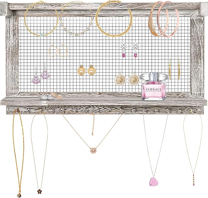 Rustic Wall Mounted Jewelry Organizer with Removable Bracelet Rod & Shelf - Multi-Functional Earring Holder, Necklace Organizer and Bracelet Stand with Hooks for Jewelry Storage and Display