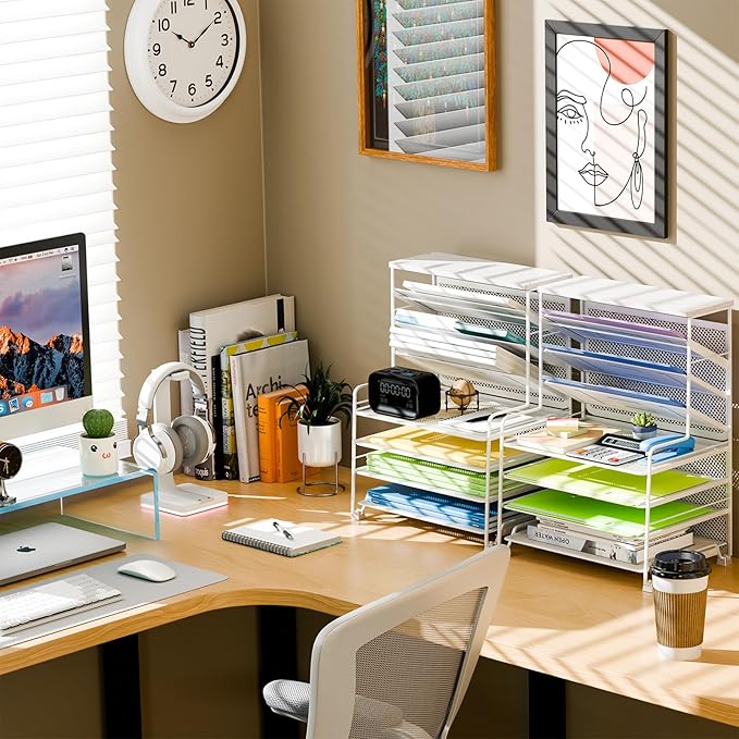 Simple Trending 7 Tier Desk File Organizer, 2 Pack Letter Tray Paper Organizer, Mesh Desk Accessories File Folder for Office, Home or School, White