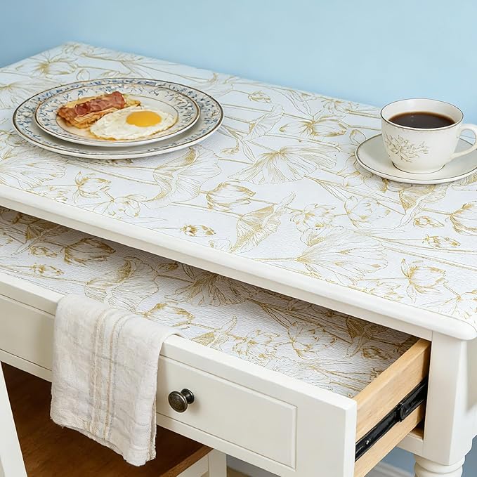Shelf Liners Non Adhesive Light Base Gold Lotus Pattern - Thickened Non-Slip Easy to Clean Drawer Liner for Kitchen Cabinets, Tool Box, Refrigerator, with Knife & Tape Measure, 12in x 10FT
