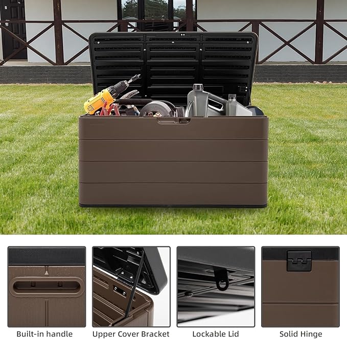 Outdoor Storage Box, 100 Gallon Plus Resin Deck Box Waterproof for Patio Furniture, Garden Tools and Pool Accessories, Lockable UV-Resistant Storage Bin Bench Cabinet for Outside, Brown