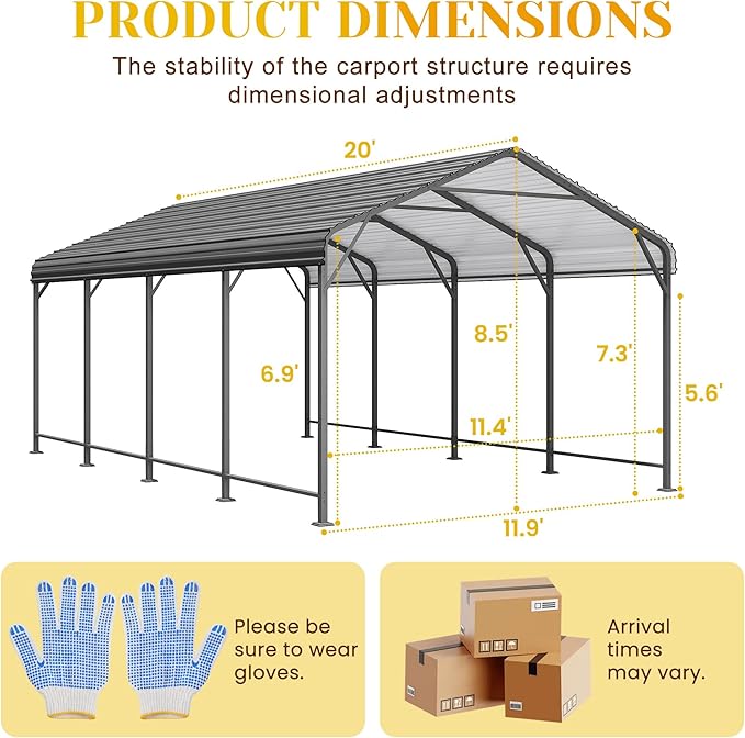 12' x 20' Metal Carport, Heavy Duty Canopy with Updated Roof & Enhanced Base, Multi-Use Carport Garage for Car, Truck, Boat, Tractors, Party, Grey