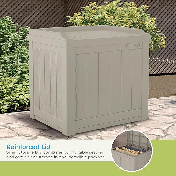 Suncast Outdoor Storage Box - 22 Gallon Light Taupe Resin Outdoor Deck Box with Seat, Weatherproof Patio Storage Bin Container for Keeping Cushions, Tools & Towels for Pool, Yard, & Garden