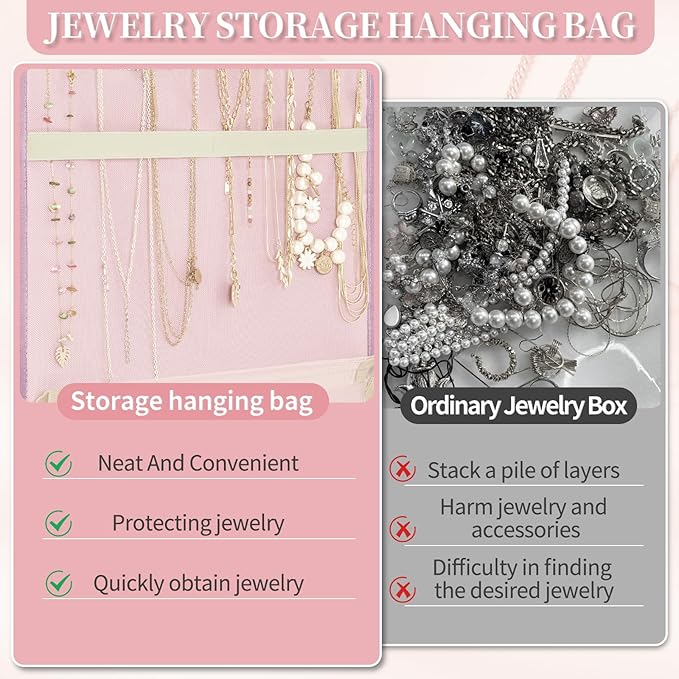 GMAK Hanging Jewelry Organizer with Hanger Metal Hooks, Double-Sided Jewelry Holder Accessories Organizer Storage Roll for Jewelry, Earrings, Bracelets, Necklaces, Rings - Pink