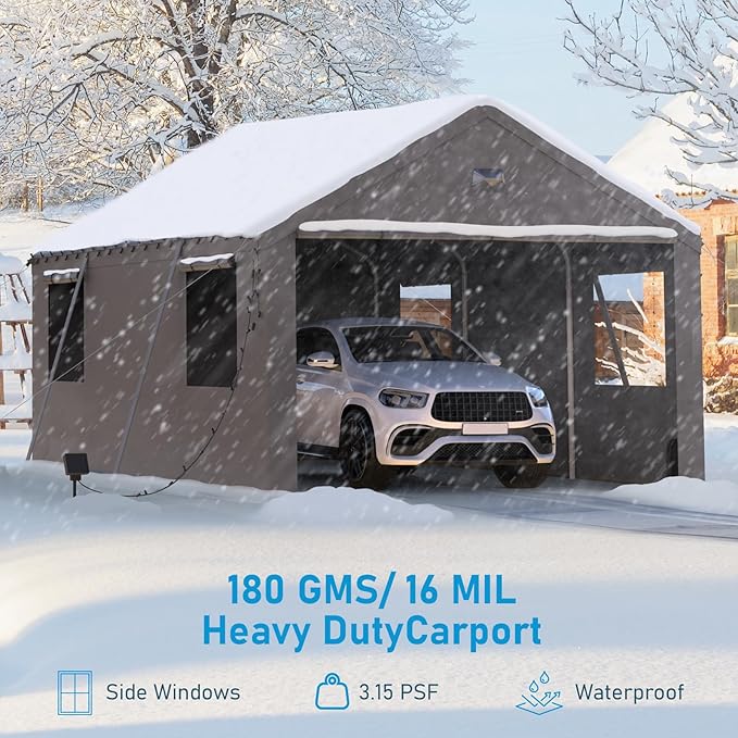 Carports Canopy 12x20 Heavy Duty, Portable Car Port Garage with Roll Up Drive Through Doors, Grey