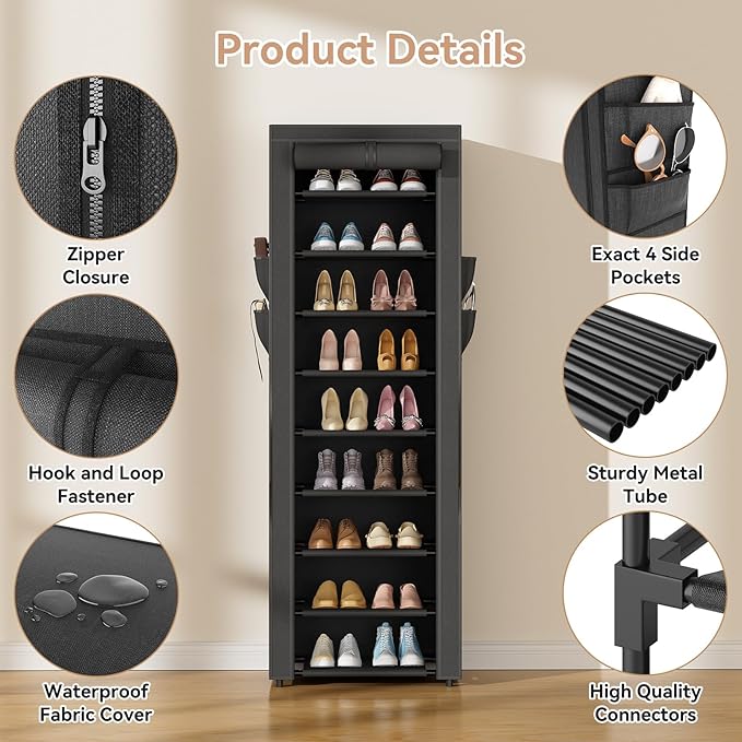 Narrow Shoe Rack with Cover 10 Tier Tall Shoe Rack Organizer Large Capacity Shoe Shelf Storage 18-22 Pairs Space Saving Free Standing Shoe Storage Organizer for Closet, Entryway, Dorm, Black
