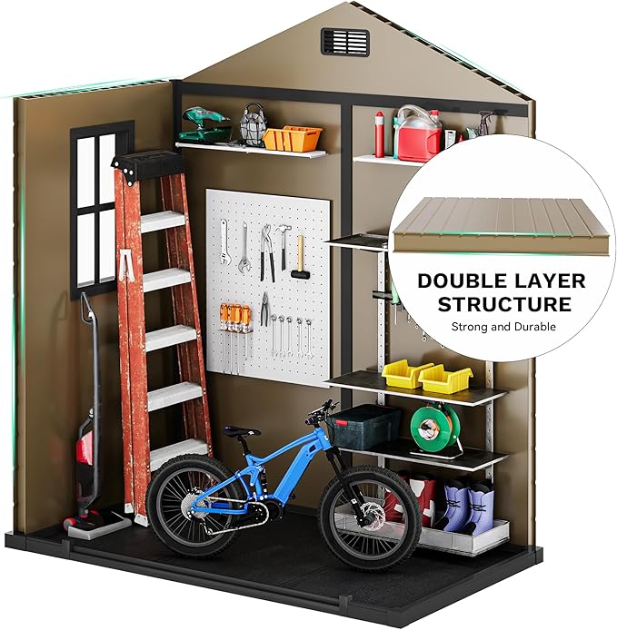 DWVO 6x4 FT Resin Storage Shed with Floor, Outdoor Storage Shed with Lockable Door, Window and Vents, Waterproof Plastic Tool Storage for Garden, Backyard, Patio, Lawn, Brown