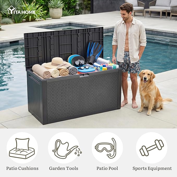 YITAHOME 90 Gallon Outdoor Deck Box, Lockable Resin Deck Box with Handles, Outdoor Storage Box for Patio Furniture, Garden Tools, Waterproof & UV Resistant, Dark Grey