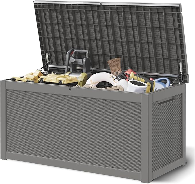 320 Gallon Outdoor Storage Box, Resin Deck Boxes Outdoor Waterproof For Patio Furniture, Garden Tools, Pool Supplies, Lockable And UV Resistant (Rattan Gray)