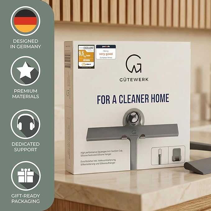 GÜTEWERK Shower Squeegee for Glass Doors, Silicone Window Squeegee, Bathroom and Glass Cleaning - Gray - 9 Inch