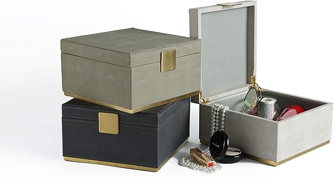 WV Ivory Shagreen Square Decorative Organizer for Home Decor - Faux Leather Storage Jewelry Box - Men's Accessories, Women's Cosmetic Shelf Organizer (Ivory, 9.8x9.8 inch)