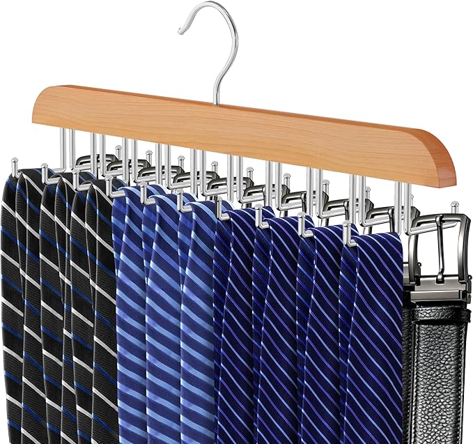 Tie Rack Hanger for Closet 20 Foldable Hooks, 1 Pack Wooden Non Slip Large Capacity Space Saving Tie and Belt Organizer with 360°Rotating Hooks for Tank Tops Bras Scarves Hat