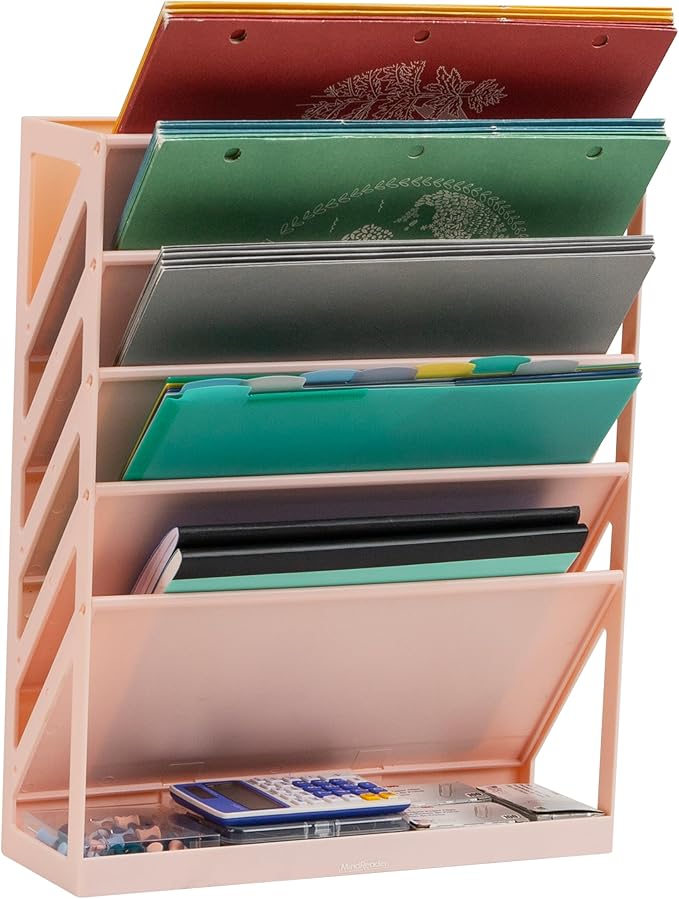 Mind Reader 5-Tier Vertical File Storage, Desktop Organizer, Wall Mount, Office, Plastic, 13"L x 4.25"W x 16"H, Pink