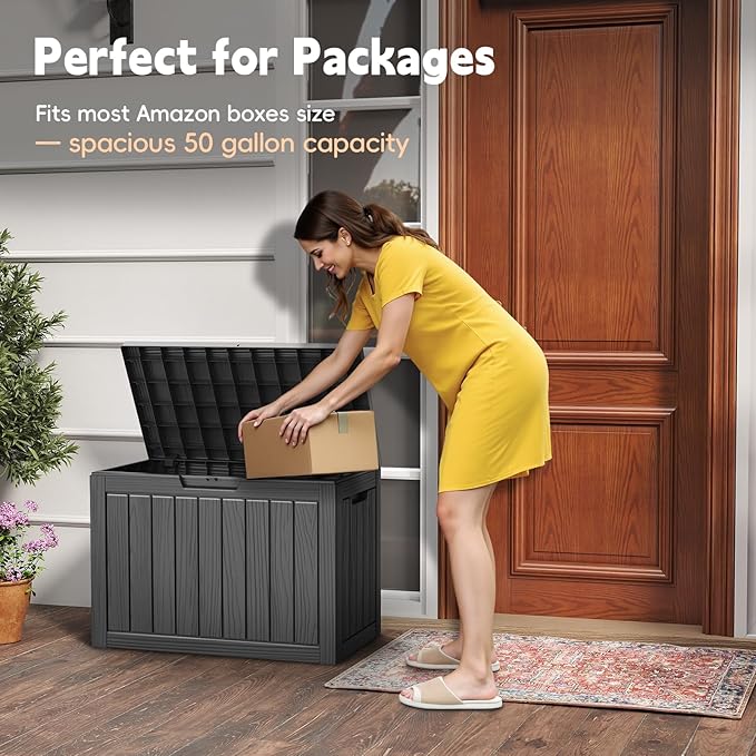 Outdoor Storage Box, 50 Gallon Deck Box Waterproof, Resin Patio Storage Bin for Package Delivery, Patio Furniture Cushion, Garden Tools, Pool Accessories, Weatherproof, Black
