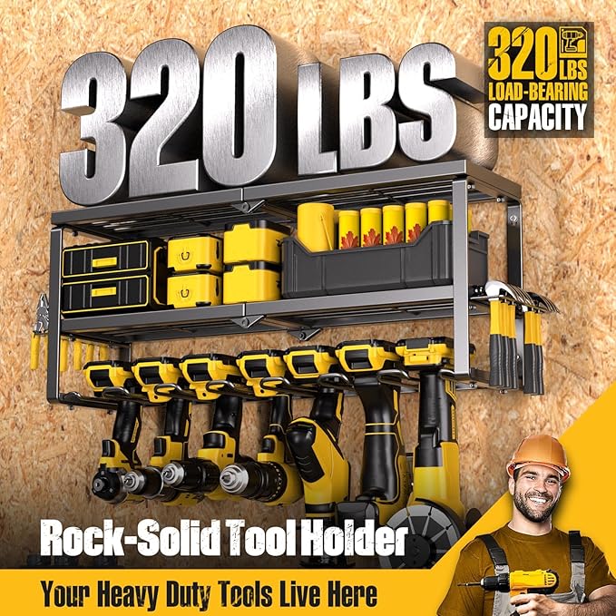 Power Tool Organizer for Tool Storage, Drill Holder Wall Mount with Screwdriver Organizer, Tool Holder for Garage Wall Organization, Heavy Duty Metal Tool Shelf with Battery Holder