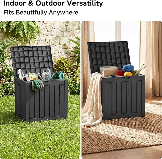 35 Gallon Outdoor Deck Box,Waterproof Resin Outdoor Storage Boxes, Outside Storage Lockable Container for Garden Tools,Indooor Cushions,Accessories (Black)