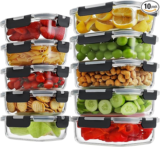 HOMBERKING 10 Pack Borosilicate Glass Meal Prep Containers with Locking Lids, Glass Food Storage Containers Set, Airtight Lunch Bento Boxes, BPA-Free & Leak Proof, 36oz & 14oz, Freezer, Oven Safe