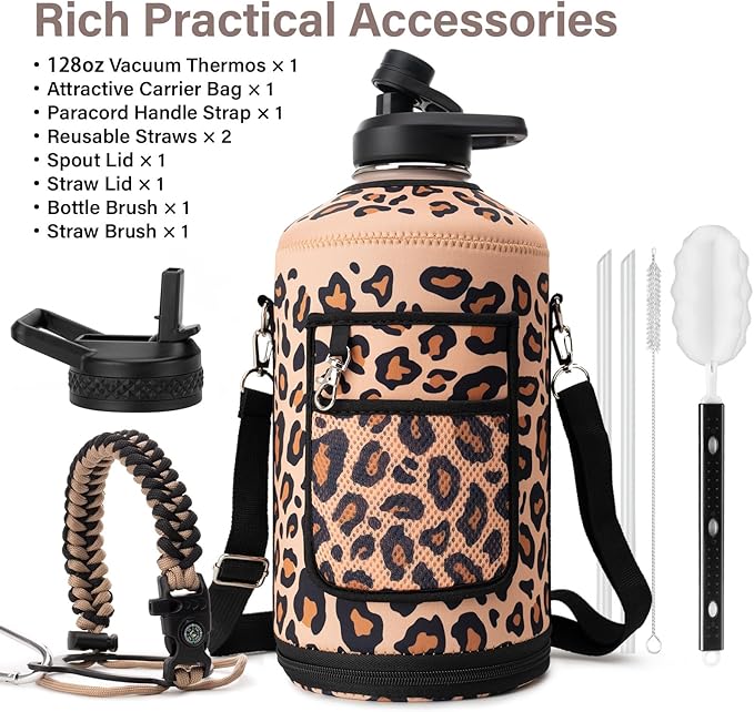 1 Gallon Water Bottle Insulated | Thickened Stainless Steel Vacuum Metal Water Jug | Portable Sports Large for Gym and Hiking with Straw, Carrier Bag, Handle Strap | BPA-Free 128 oz