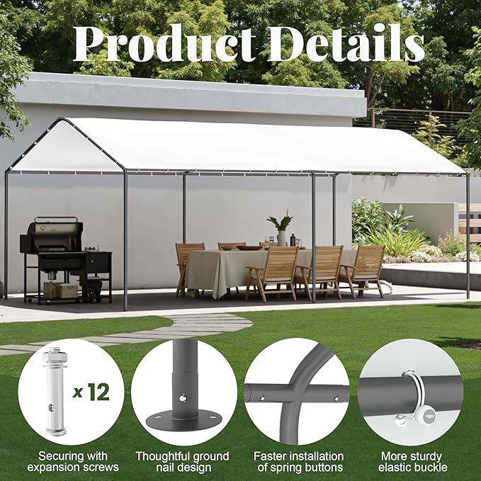 Carport, 10‘ x 20’ Heavy Duty Portable Garage All-Season Car Canopy, Outdoor Garage Boat Shelter Carport Canopy Party Tent w/Water-Resistant Tarp for Backyard (White, 10' x 20' /no Side)