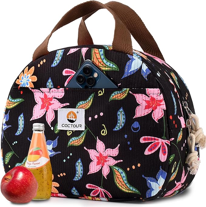 Lunch Box Lunch Bag for Women Girls Teens, Cute Lunch Box Cooler Bag, Portable Small Insulated LunchBox Reusable Corduroy Lunch Tote for Work/Travel/Picnic/School - Floral