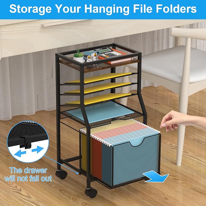 Rolling File Cart, 6-Tier Desk File Organizer on Lockable Wheels, Brown Wood Planks & Mesh Sliding Hanging Folder Drawer, Organization Cart for Office Home School