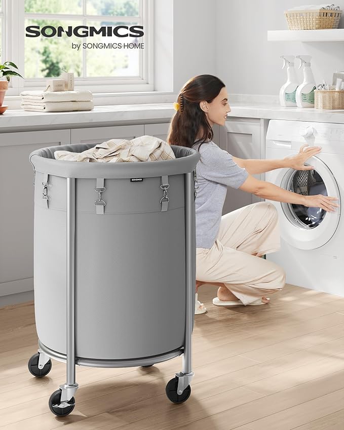 SONGMICS 29-Gallon (110 L) Laundry Basket with Wheels, Rolling Round Heavy-Duty Laundry Hamper Cart with Steel Frame and Removable Bag, 2 Locking Wheels, Gray and Metallic Silver URLS002G01