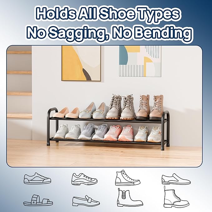 ENJOYBASICS Expandable Shoe Rack, 2 Tier Adjustable Shoe Organizer Shelf for Closet, Black Metal Free Standing Shoe Rack Storage for Small Space, Entryway