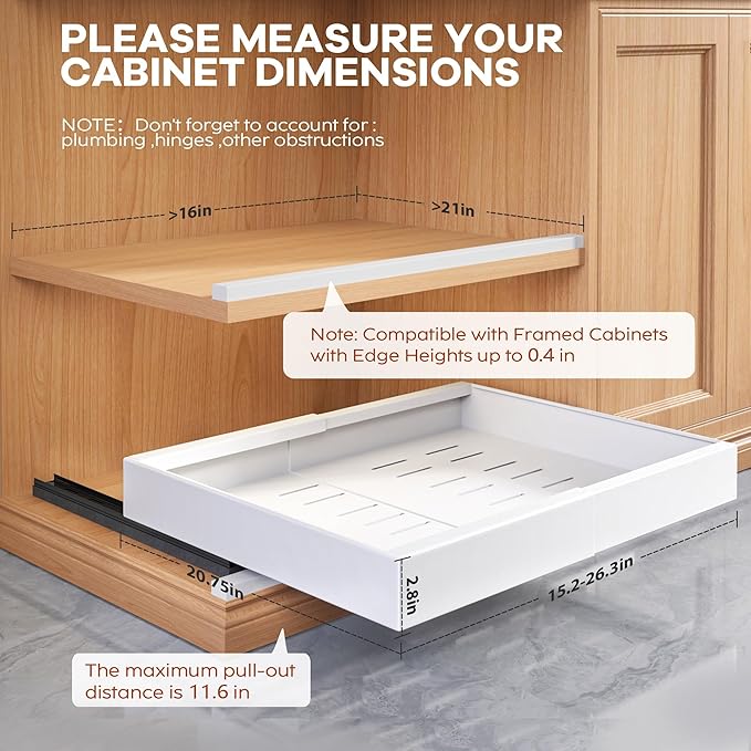 4 Pack Expandable Width (15.15"-26.3") Pull Out Cabinet Organizer 21" Deep with Raising Pad for Framed Cabinets, Upgrade 3 Slide Rails Slide Out Drawers, Roll Out Shelves Adhesive, White