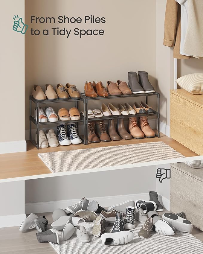 SONGMICS Shoe Rack, 2-Tier Shoe Organizer, Metal Storage Shelf, Upright or Upside Down, for 6-9 Pairs, Stackable, for Entryway, 11.8 x 26.8 x 13.2 Inches, Black ULSA202B01