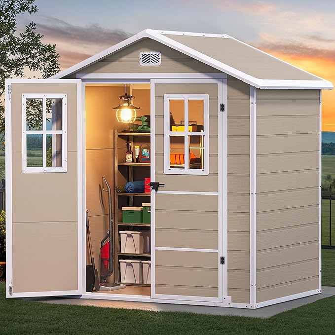 DWVO 6x4.4ft Outdoor Storage Shed, Plastic Garden Tool Shed with 2 Vision Windows, Double-Wall Outside Shed for Mower Lawn, Garden Tool for Backyard Lawn Patio, Lockable, Beige