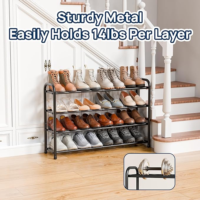 ENJOYBASICS Expandable Shoe Rack, 4 Tier Adjustable Shoe Organizer Shelf for Closet, Black Metal Free Standing Shoe Rack Storage for Small Space, Entryway