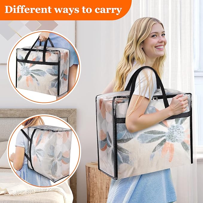 4 Pack Clear Storage Bags for Comforter, Clothes & Bedding, Plastic Blanket Storage with Zipper and Handle, Moving Bags, Closet Organizer and Under-Bed Storage (60L)