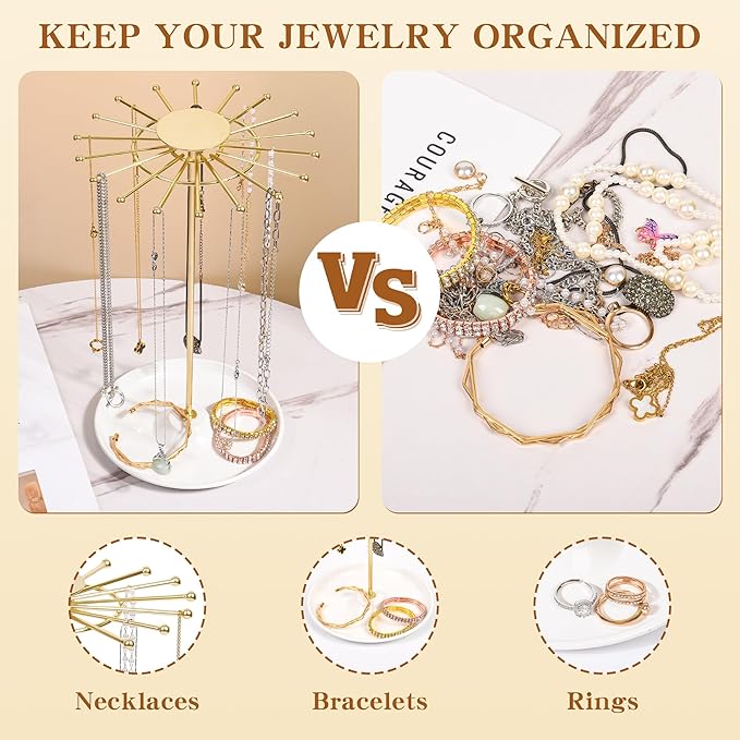 AmaQueen Rotating Necklace Hanger Organizer Tree with Jewelry Tray, Gold Spinning Necklace Chain Display Holder Stand Storage (Golden)