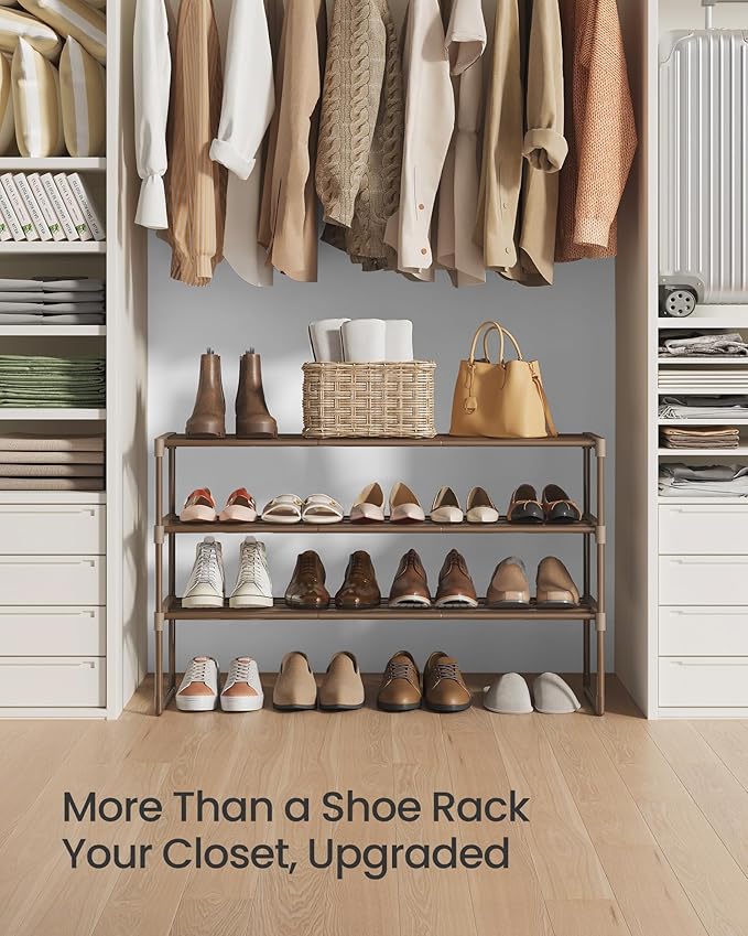 SONGMICS Shoe Rack, 3-Tier Shoe Organizer, Metal Storage Shelf, Upright or Upside Down, for 16-20 Pairs, Stackable, for Entryway, 11.8 x 36.2 x 21.7 Inches, Walnut Brown ULSA303K01