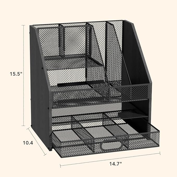 Wooden Desk Organizer - Mesh File Organizer with Drawers and Pen Holder - 4-Tier Vertical Paper Letter Storage Tray, Desktop Organizers and Accessories for Home Office (Black