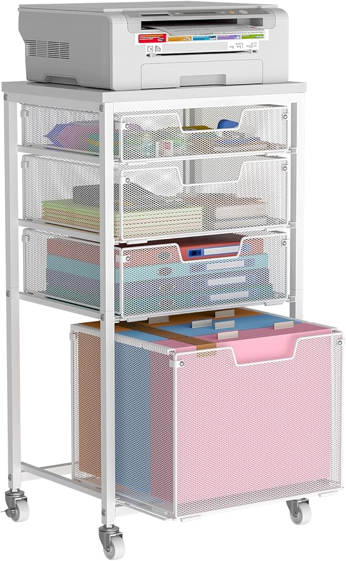 4 Drawer Rolling File Cart with Wheels, Mobile Filing Cabinet for Home Office, Hanging File Organizer, Under Desk Storage, Multifunctional Utility Cart Printer Stand, White