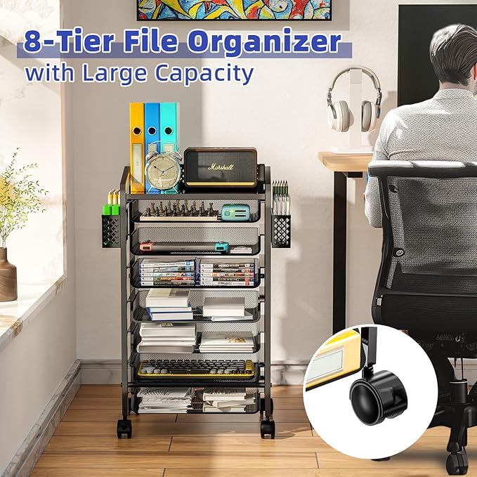 Simple Trending 8 Tier Small Rolling File Cart, Metal Desk File Organizer with Sliding Trays and Two Pen Holders, Metal Mesh Paper Letter Storage Multi Functional Rolling Clutter Cart, Black