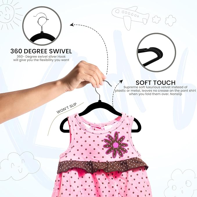 Utopia Home Kids Hangers Velvet (60 Pack) - 11 Inch Durable Baby Hangers for Closet - Perfect Toddler Hangers Non Slip for Everyday Use (Black)