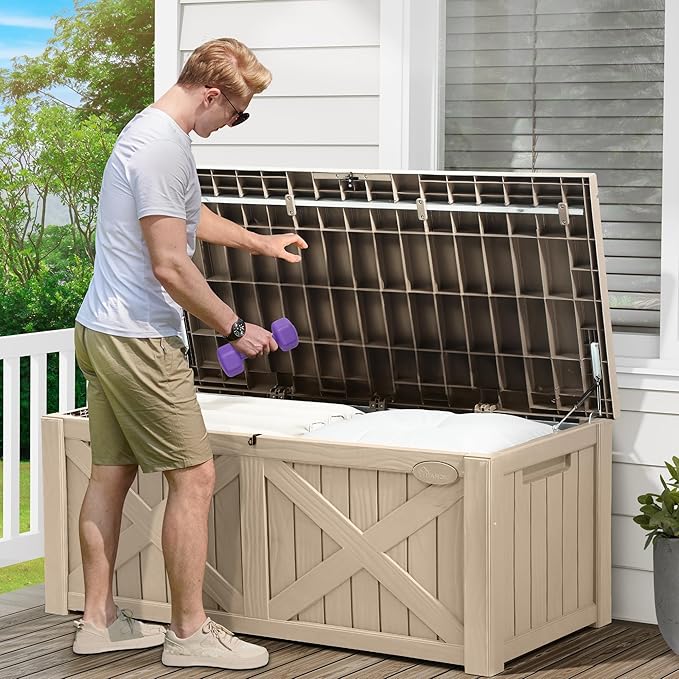 YITAHOME 150 Gallon Large Outdoor Storage Box with X-Shaped Front, Waterproof Resin Deck Box Cushion Storage Bench for Patio, Pool Supplies, Garden Tools- Lockable, Taupe