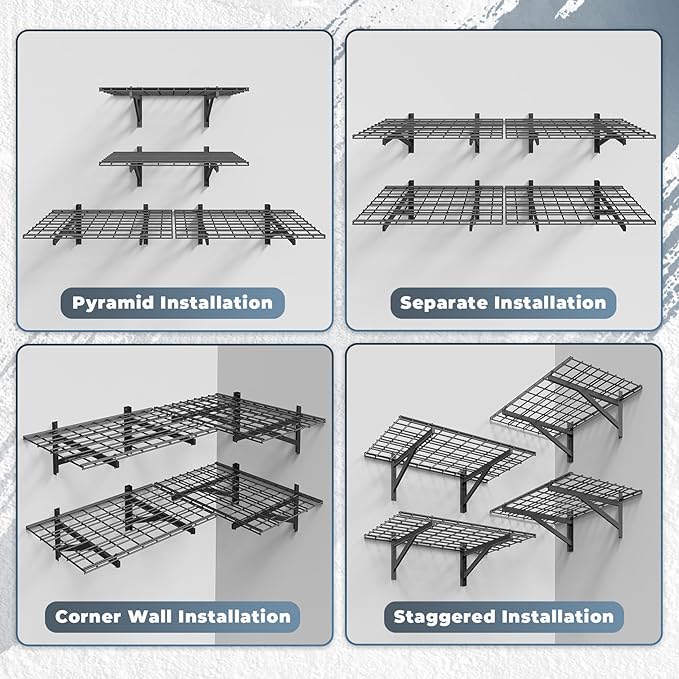 4 Pack Heavy Duty Garage Wall Shelving Set (2x3ft), Wall Mounted Garage Shelves 1400lbs Capacity, 24"x72" Shelf Storage Rack Floating Shelves, Black