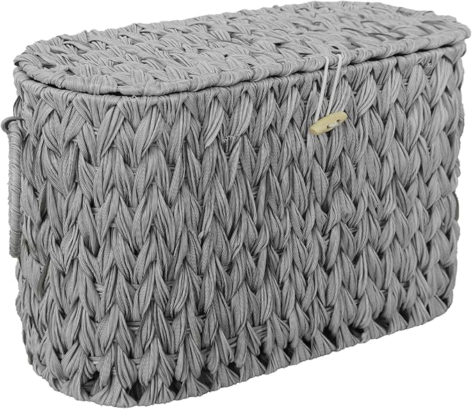 Toilet Paper Storage Basket with Lid,Wicker Toilet Paper Holder Stand,Narrow Decorative Woven Bathroom Basket Organizer,Free Standing Grey