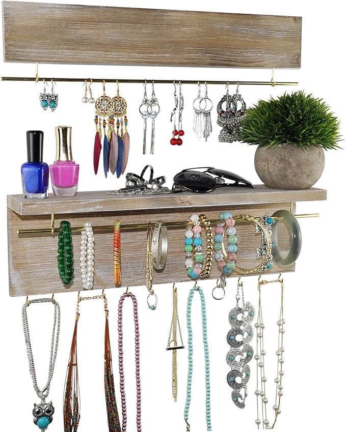 Spiretro Wall Mounted Wood Jewelry Organizer with Metal Bars, Set of 2