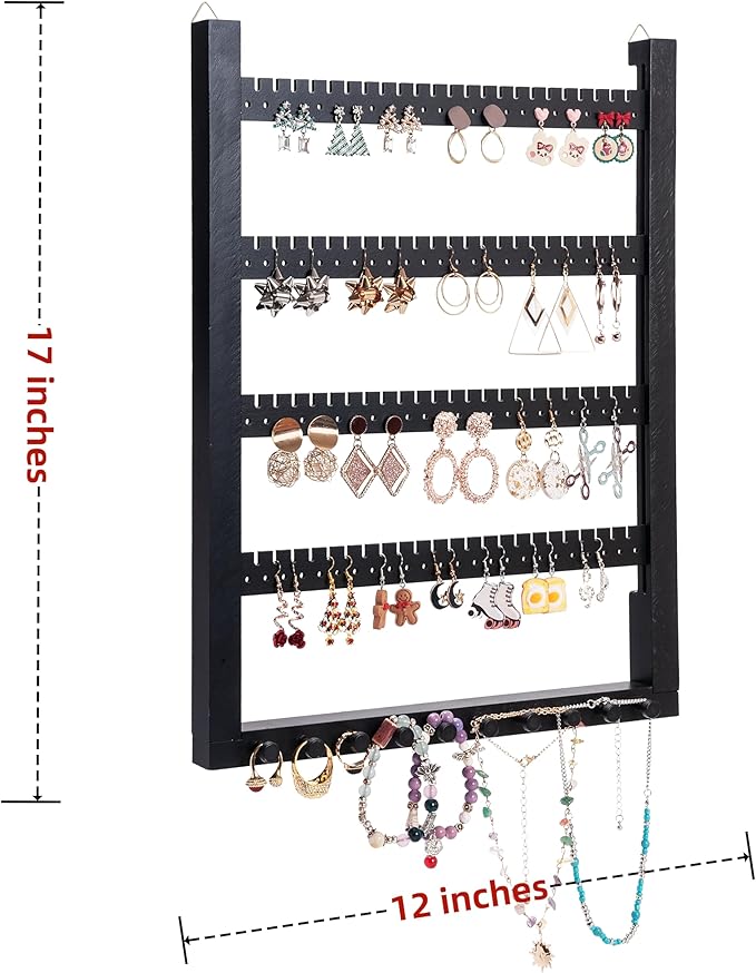 Solid Wood Earring Hanging Jewelry Organizer Wall Mounted Earring Organizer and Necklace Holder- Earring Display for studs, dangling, Necklace, Bracelet, and Rings-Black Color