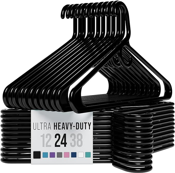 NEATERIZE Ultra Heavy Duty Plastic Clothes Hangers - Black - Durable Coat, Suit and Clothes Hanger. Perchas De Ropa (24 Pack - Black)