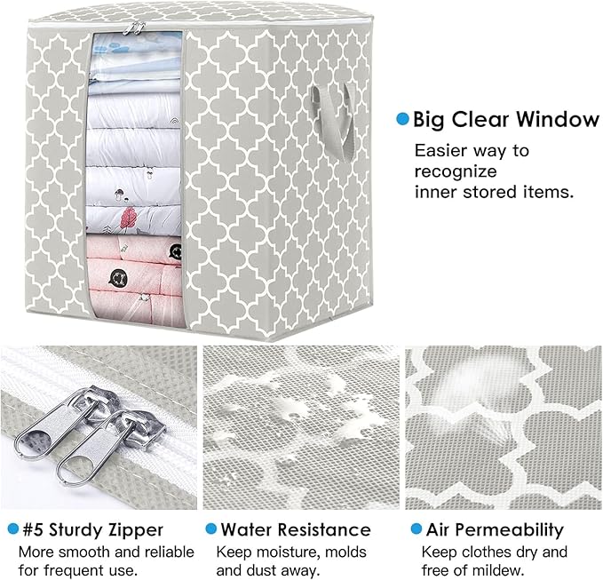 WISELIFE Storage Bags 2 Pack/100L Large Blanket Clothes Organization and Storage Containers for Comforters,Bedding, Foldable Organizer with Reinforced Handle, Clear Window, Sturdy Zippers,Lvory