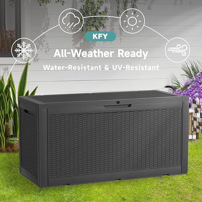 100 Gallon Waterproof Outdoor Storage Box, UV Resistant Resin Deck Box Perfect for Patio, Garden, and Pool (Black, 100 Gallon)