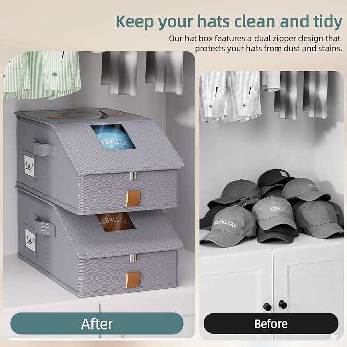 FHSQX Hat Organizer for Baseball Caps Stackable Storage Bins With Clear Window Lid Holds 12 Caps Space-Saving Hat Boxes for Closet (Deep Grey, (17.7 * 9.1 * 7.1in)*1)
